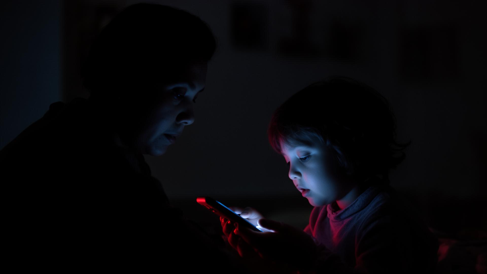Mãe observando filho usando celular em ambiente escuro